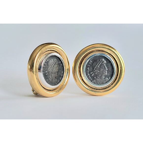 Vintage Ciner Greek Roman Coin Silver Gold Earrings Clip-On Signed Etruscan - Picture 2 of 6